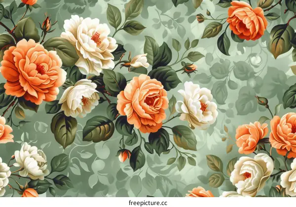 Vintage floral pattern with white and orange roses