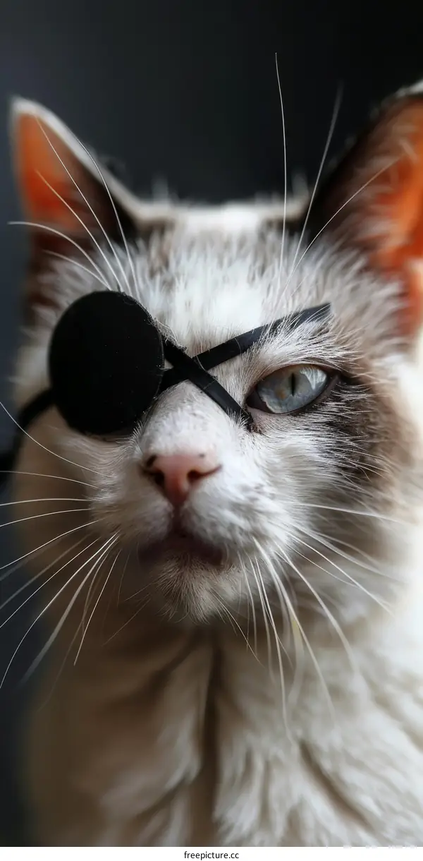 A white cat wearing an eye patch