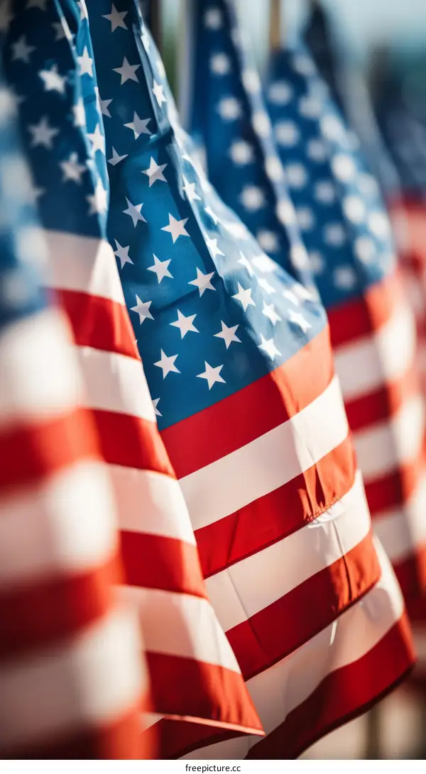 Close up of American flags hanging on a wall