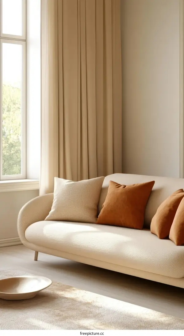 Beige Sofa with Terracotta Pillows in a Modern Living Room
