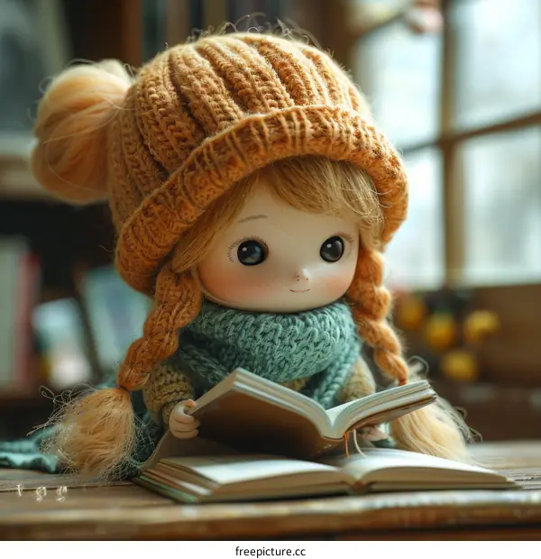 A cute doll with blonde hair and blue eyes is sitting on a table and reading a book