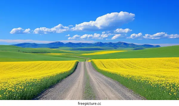 Beautiful Countryside Landscape with Yellow Flowers and Green Fields