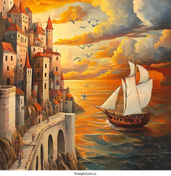 Sailboat Setting Sail at Sunset with City on Cliffs