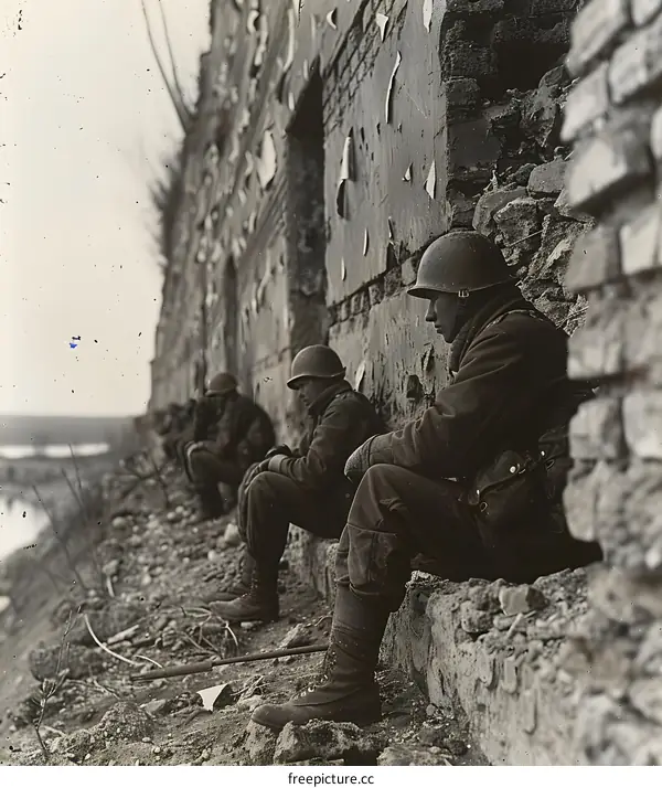 World War Two Soldiers Resting Against a Damaged Wall