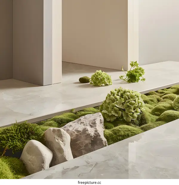 Green Plants and Stones on a Marble Floor