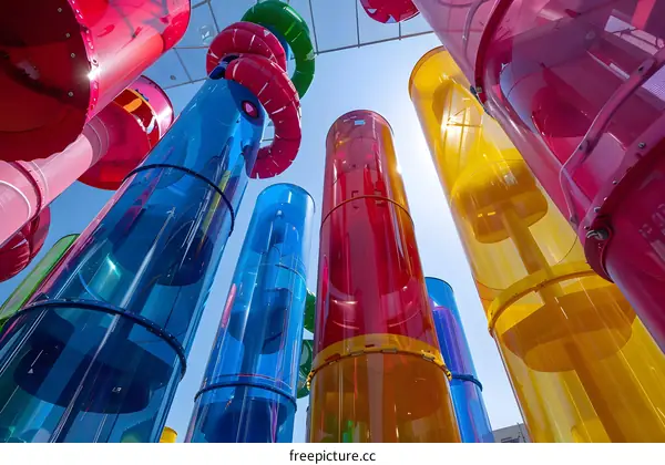 Playground equipment consisting of several tall, colorful, translucent tubes.