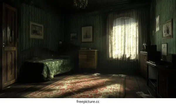 Vintage Green Bedroom Interior Illustration