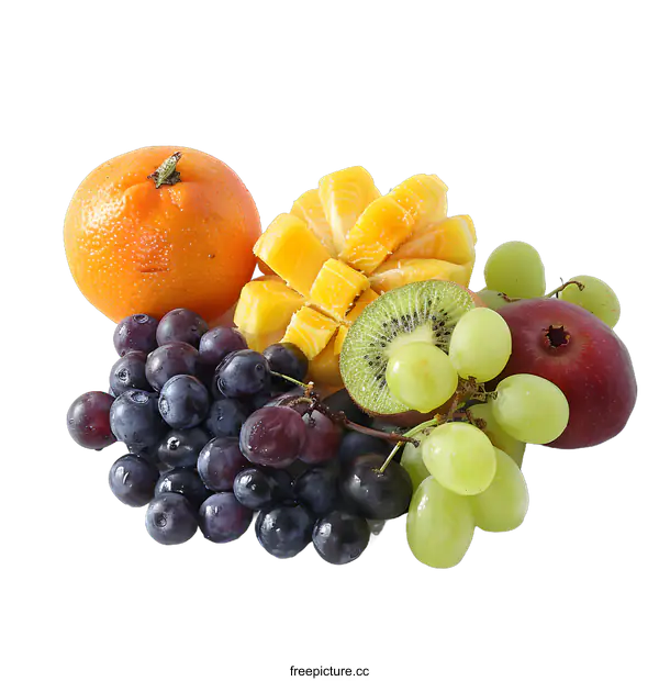 [Transparent Background PNG]Fresh Fruit Mix of Grapes, Kiwi, Mango, and Orange on White Background