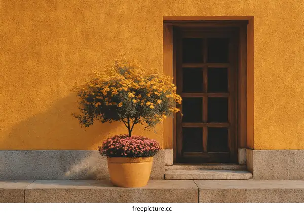Yellow Flowers by a Vintage Doorway on a Sunny Day