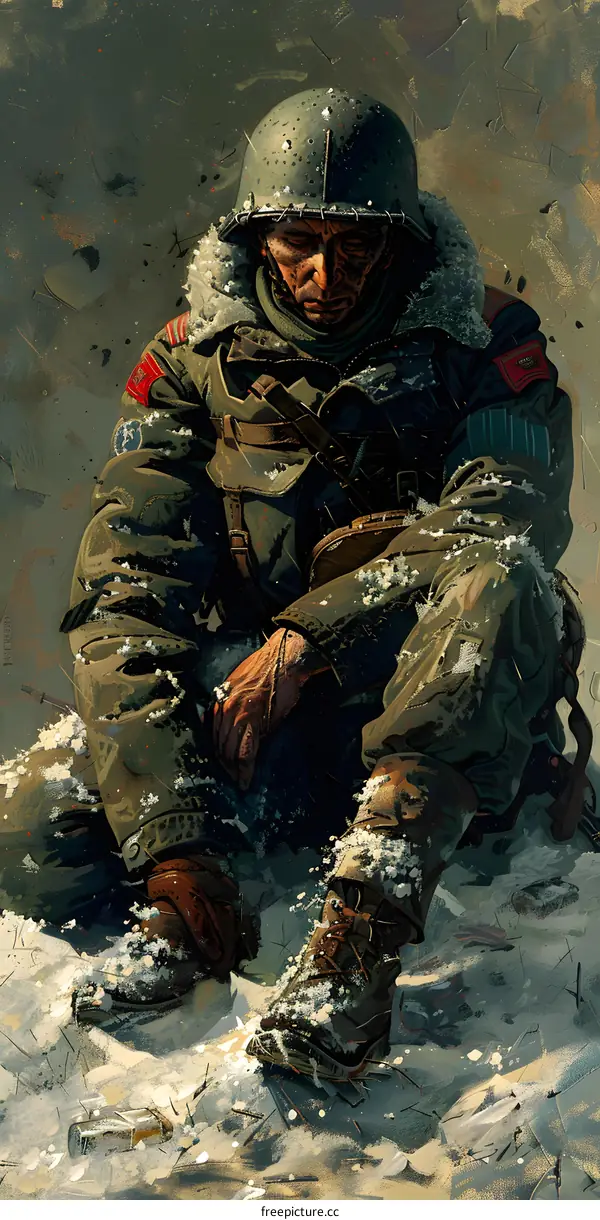 A soldier sits on the snowy ground, his head in his hands
