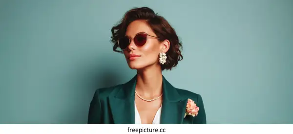 Stylish Woman in Teal Blazer and Sunglasses