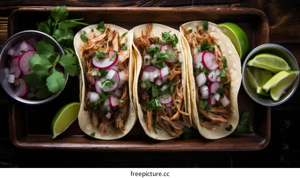 Three pork tacos with radish and lime on a wooden plate