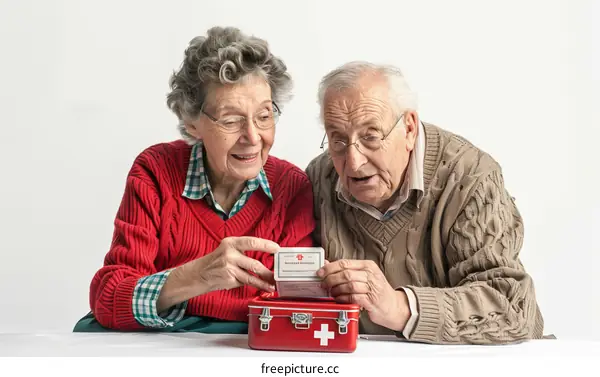 An elderly couple is looking at a first aid kit.