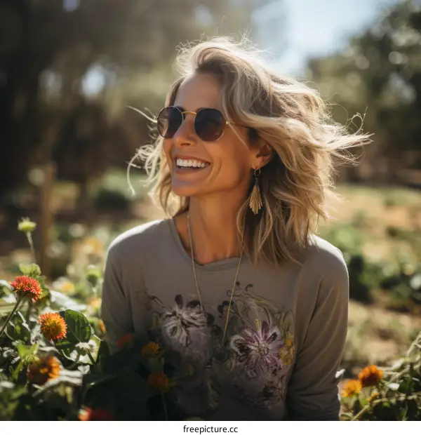 Portrait of a smiling blonde woman wearing sunglasses in a field of flowers
