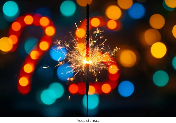 A single lit sparkler against a blurry background of multicolored bokeh lights.