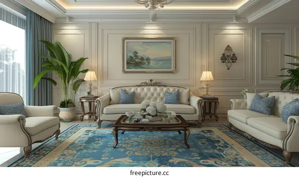 Elegant Living Room Interior Design with Blue and Beige Color Scheme