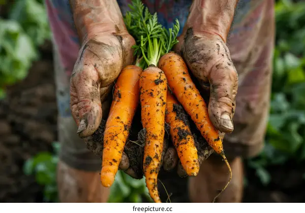 Farmer holding freshly harvested carrots in his hands