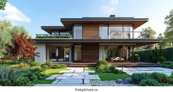 Modern two-story house with flat roof and large windows