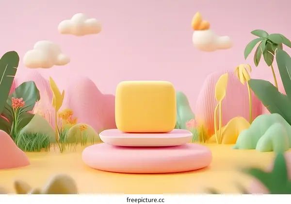 Abstract 3D Illustration Of Yellow Platform With Green Plants And Pink Mountains In A Pastel Background
