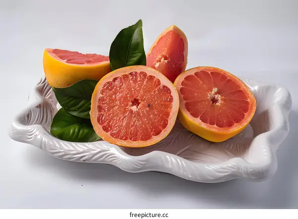 Freshly Cut Grapefruits on a White Serving Tray