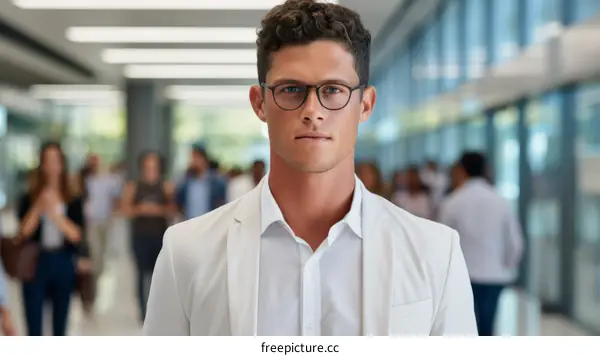 Confident young professional man standing in a busy office hallway