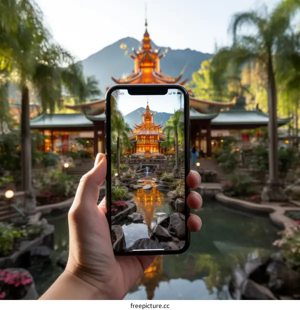 A photo of a Chinese-style garden with a pagoda and a pond with a smartphone in the foreground