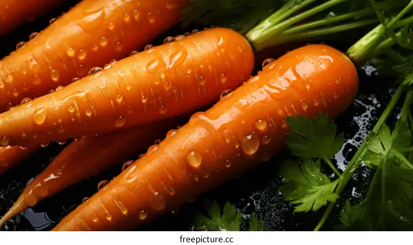 Fresh organic carrots with water drops close up