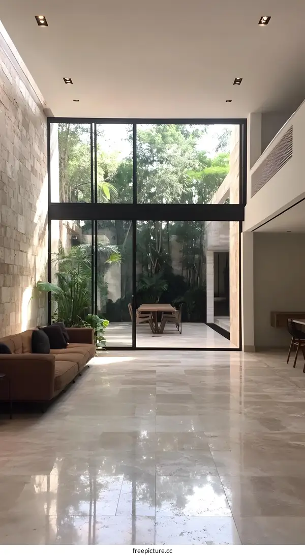 Modern Home Interior Design With Large Glass Windows And Stone Walls