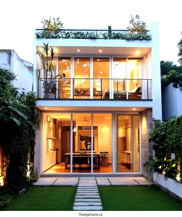 Modern White Two Story House With Large Windows And Green Plants