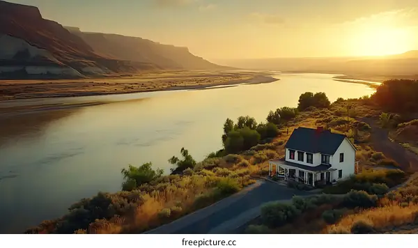 Sunrise Over River with Historic House