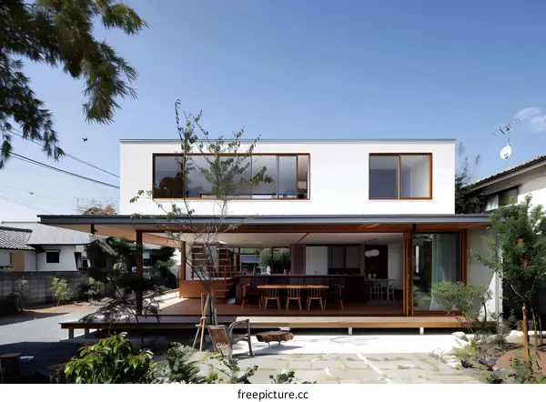 Modern Japanese House with Wooden Deck and Garden