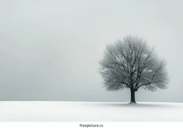 A lone tree stands in a snowy field.
