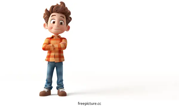 Smiling Cartoon Boy With Arms Crossed Standing On White Background