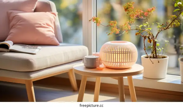 Minimalistic Still Life with Pink Lamp, Cup and Saucer on Wooden Table