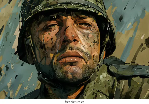 Close Up Portrait of a Soldier in a Helmet