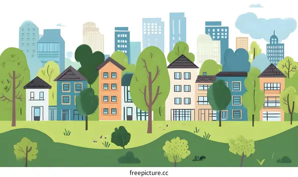 Green Cityscape with Colorful Houses and Lush Greenery