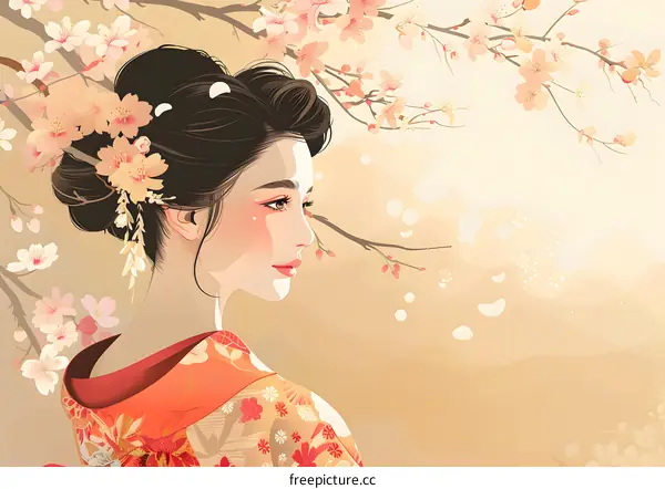 A beautiful Japanese woman in a kimono stands under a cherry blossom tree.