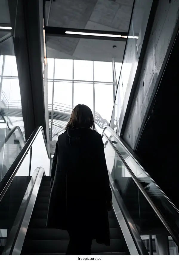 Woman Walking Up Escalator In Modern Building