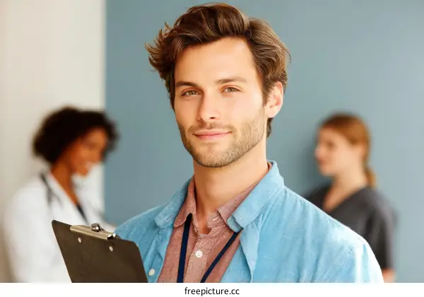 Medical Professional Holding Clipboard in Clinic Setting