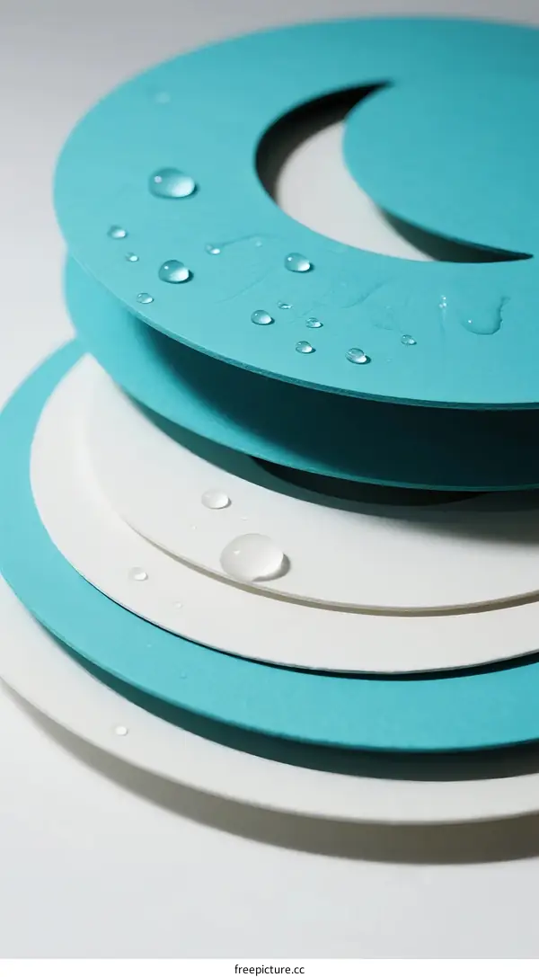 Stacked Blue and White Circular Objects with Water Drops