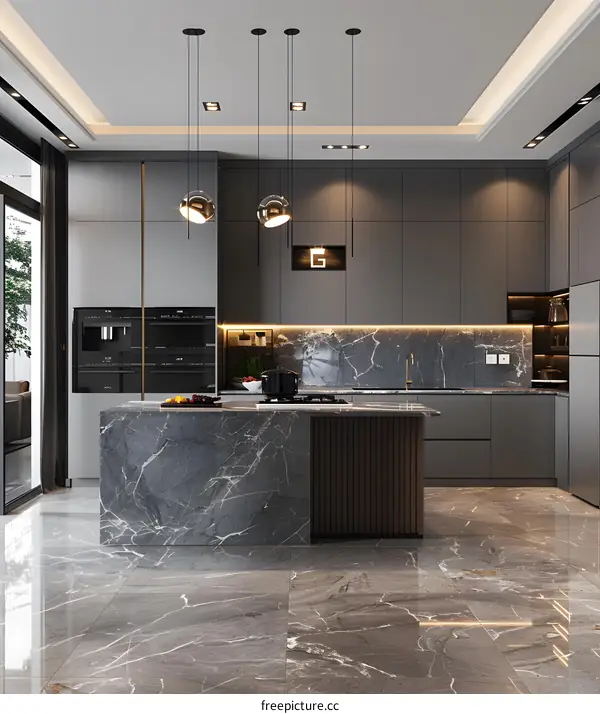 Modern Kitchen Interior Design With Grey Cabinets and Marble Countertops