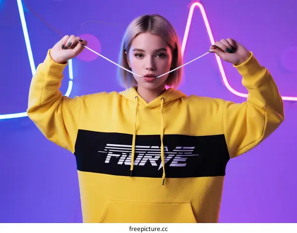 Young Woman Wearing Yellow Hoodie with Bold Branded Panel and Neon Background