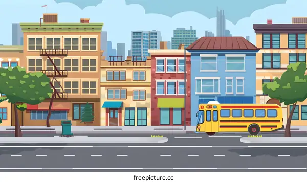 City Street with Yellow Bus Illustration