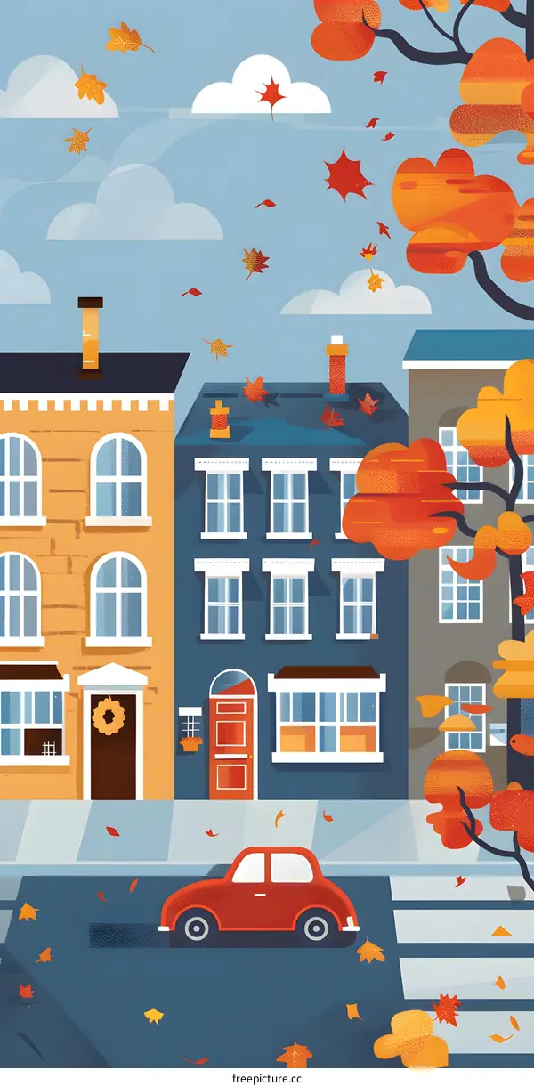 Autumn Scene with Colorful Leaves, Houses, and a Car