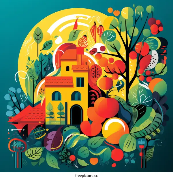 Vibrant Colors Showcase a Bountiful Harvest Surrounding a Country Home