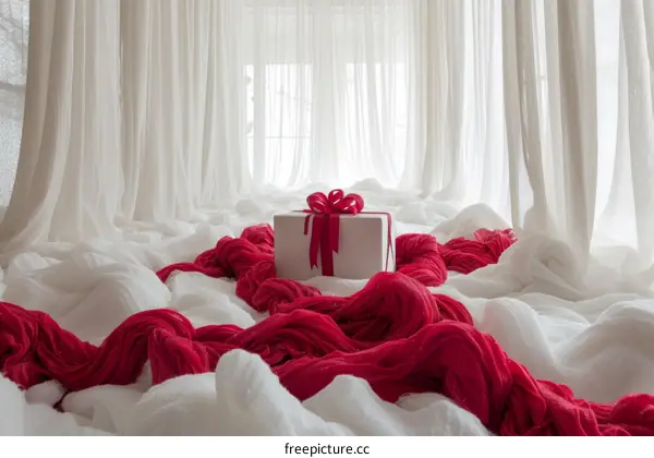 A gift box with a red ribbon in a white and red fabric landscape