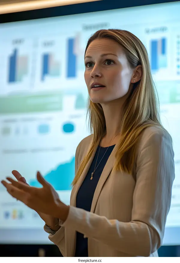 Businesswoman Giving Presentation with Data Charts