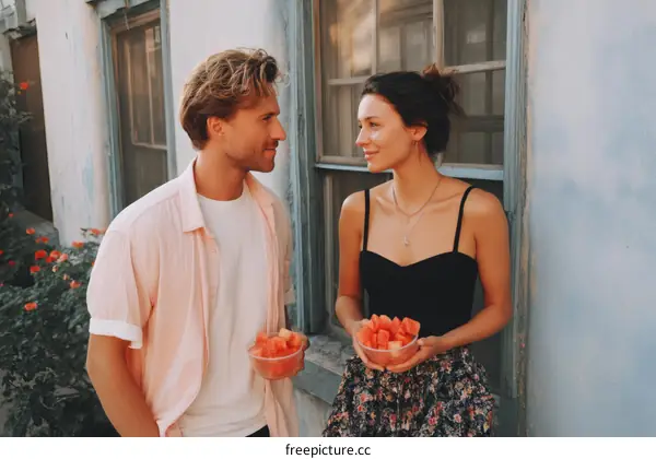 Couple Enjoying Watermelon Outdoors on a Sunny Day