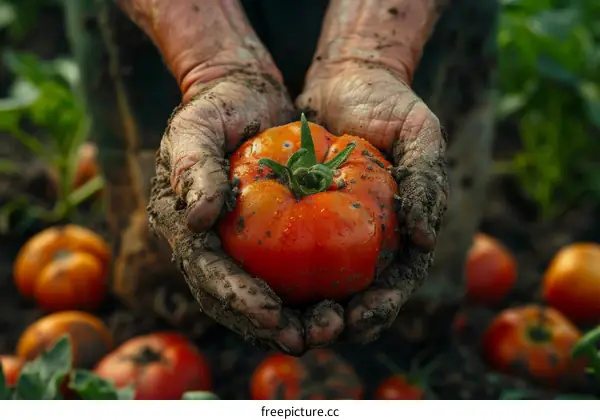 A farmer holding a tomato in his hands