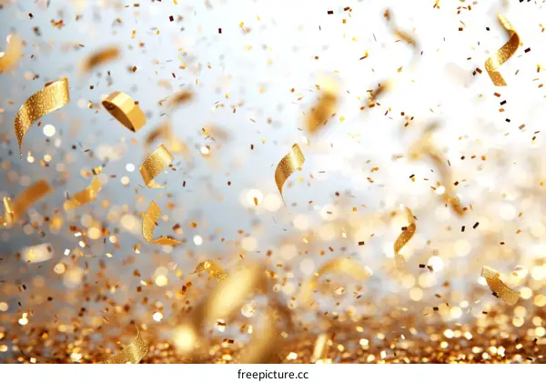 Gold confetti falling on white background